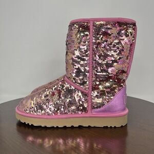 UGG Classic Short Sequin Boots Women's 7 Pink Wool Lining Shoes 1094982